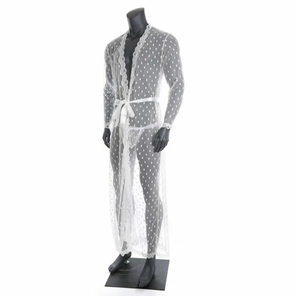 Men Bathrobe Lace Gown Kimono Long Sleeves Robe Pajamas See-through Thong Set