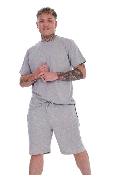 Mens Cotton Pyjama Short Set Jersey Round Neck Top Fleece Zipped Pockets Short