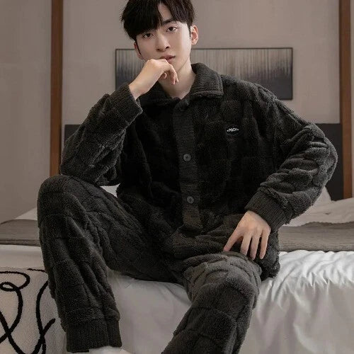 2Pcs/set Men's Pajamas Autumn Winter Padded Long-sleeved Trousers Coral Fleece