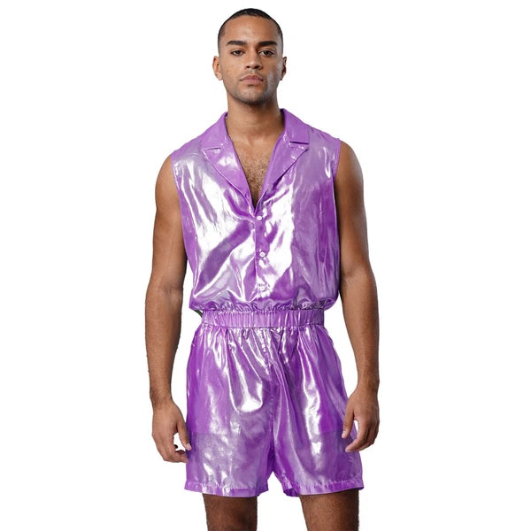Men Shiny Glossy See-Through Metallic Chiffon Jumpsuit Bodysuit /Pajama Set