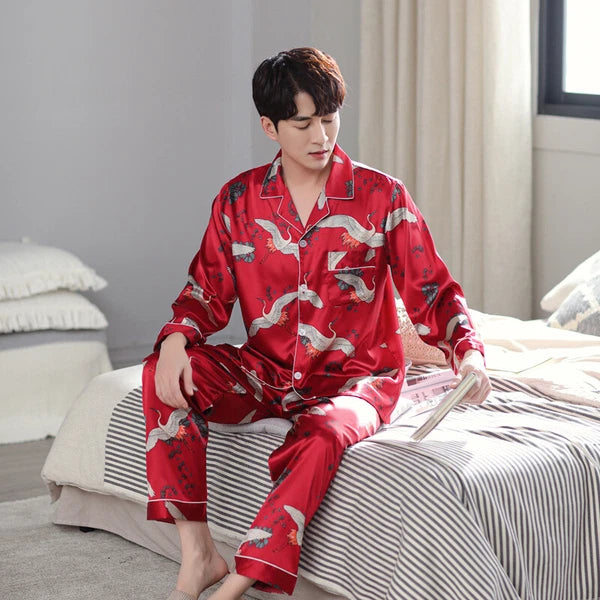 Men's Long Sleeve Satin Pajamas Set Luxury Button Down Pajama Pants Home Clothe