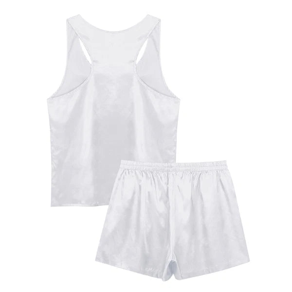 Men's Silk Satin Pajamas Set Vest Top and Boxer Shorts Sleepwear Home Loungewear