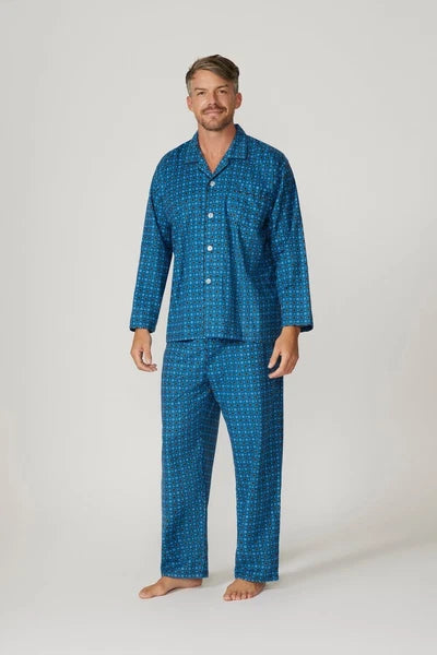 Mens Contare Sizes S-7XL Blissful Blue Cotton Flannel Long Sleeve Pyjama Set Pjs