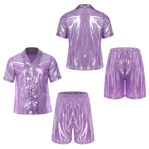 Men Shiny Glossy See-Through Metallic Chiffon Jumpsuit Bodysuit /Pajama Set