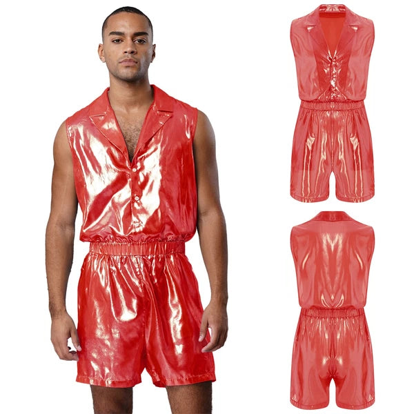 Men Shiny Glossy See-Through Metallic Chiffon Jumpsuit Bodysuit /Pajama Set