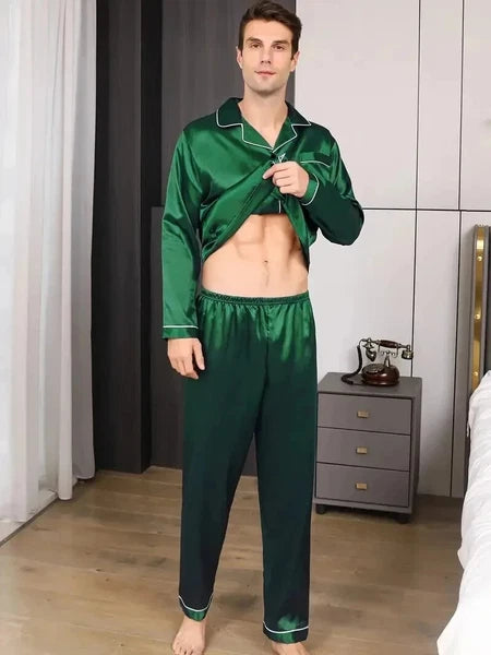 Men's Silk Satin Pajama Set Long Sleeve Soft Sleepwear Loungewear Suit