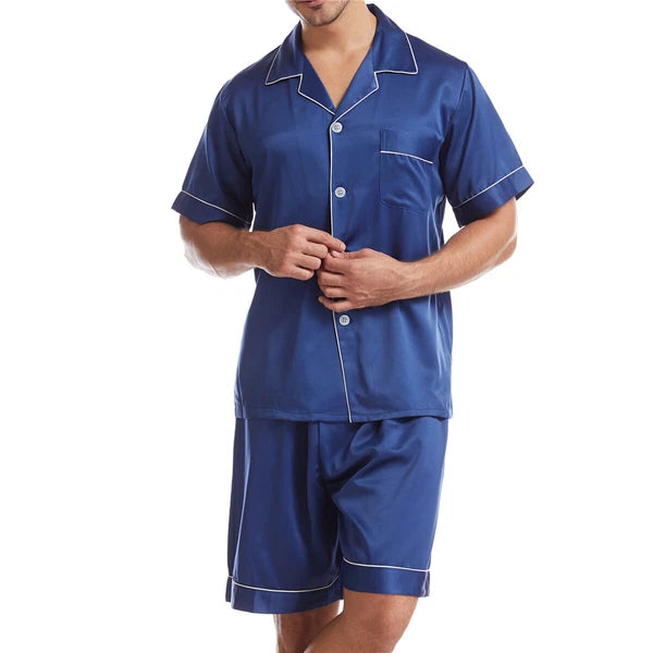 Men Satin Pajamas Set Shorts + Shirt Sleepwear Lounge Nightwear Buttons Outfit