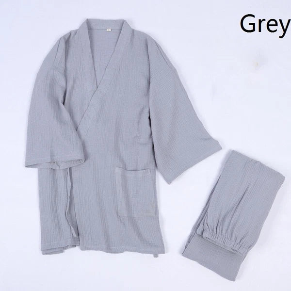 Japanese Men's Crepe Cotton Yukata Pajamas Set Kimono Top Pants Sleepwear Lounge