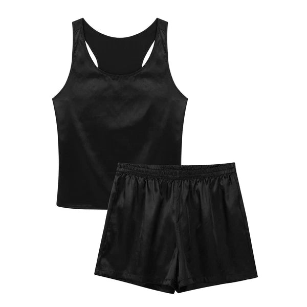 Men's Silk Satin Pajamas Set Vest Top and Boxer Shorts Sleepwear Home Loungewear