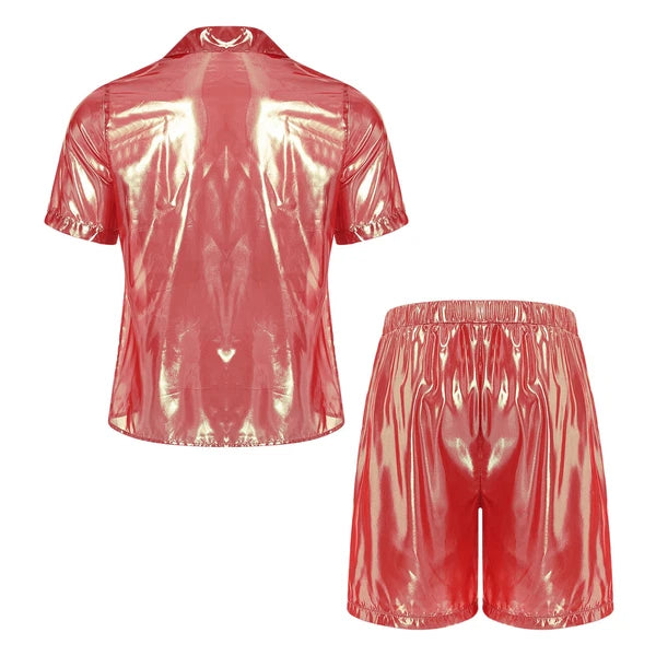 Men Shiny Glossy See-Through Metallic Chiffon Jumpsuit Bodysuit /Pajama Set