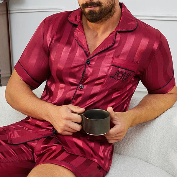 Mens Silk Satin Pajamas Set Sleepwear Stripe Short Sleeve PJ Set Top and Bottom