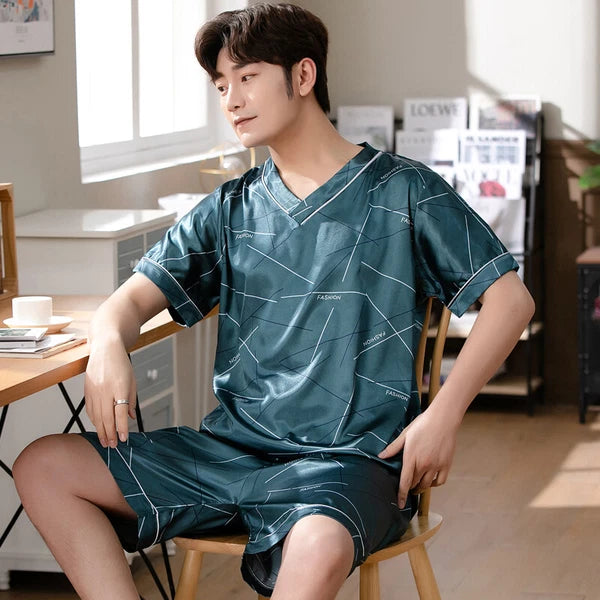 Short Sleeve Sleepwear Pjs Loungewear Pyjamas Charm Men's Silk Satin Pajamas Set