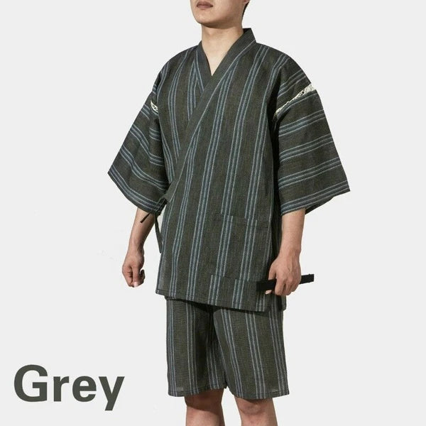 Men Japanese Kimono Pyjama Sets Yukata Jinbei Traditional Stripe Soft Nightwear