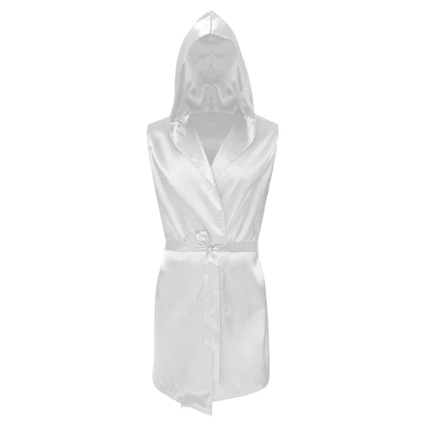 Men's Satiny Pajama Robe Set Sleeveless Silk Hooded Bathrobe with Belt Sleepwear