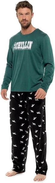 Mens Knitted Jersey Top and Cozy Microfleece Lounge Bottoms Set Soft Warm PJ Set