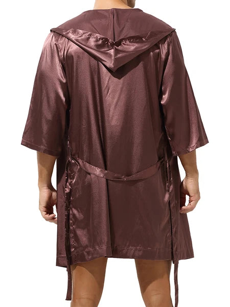 Men's Hooded Robe Set Silk Satin Night Gown Bathrobe Pajama Hot Pants Underwear