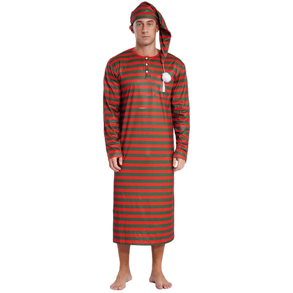 Men's Pajamas Set Long Sleeve Striped Robe Round Neck Loose Sleepwear with Hat