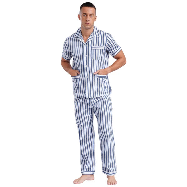 Mens Homewear 2pcs Pajama Set Sleep Sleepwear Shirt Nightgown Button Down Suits
