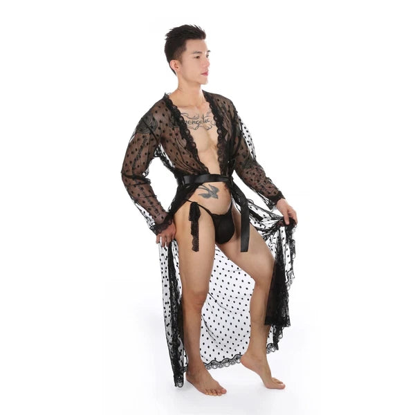 Mens Dress Long Sleeve Bathrobe Kimono Pajamas Lace Clear Thong Set-