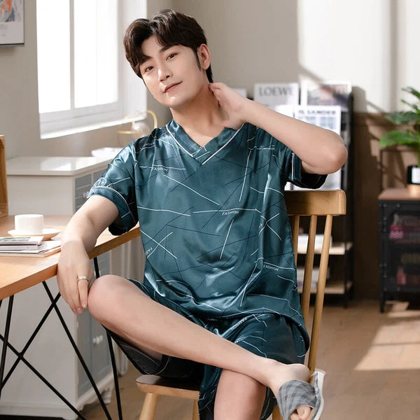 Short Sleeve Sleepwear Pjs Loungewear Pyjamas Charm Men's Silk Satin Pajamas Set