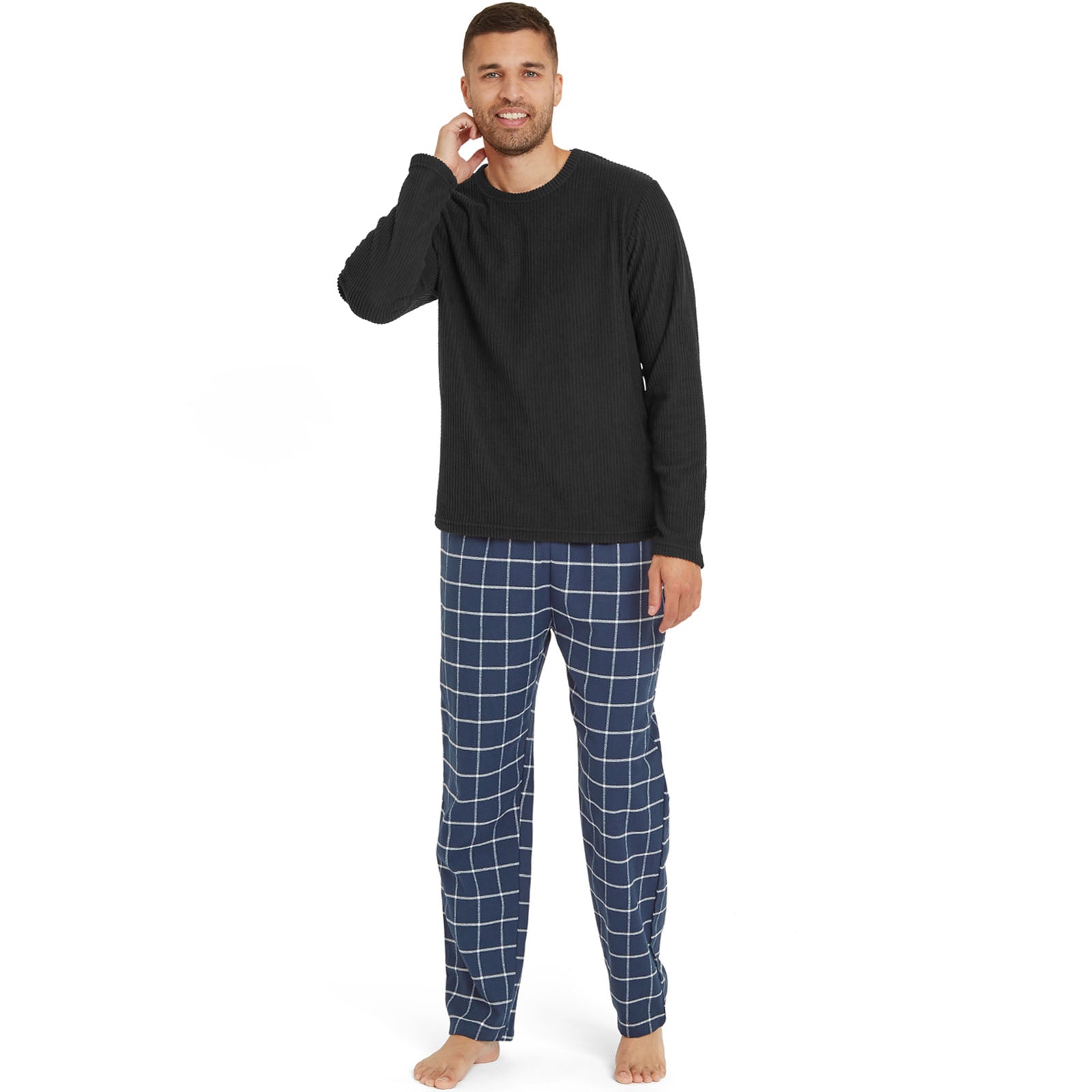 Snuggaroo Mens Soft Fleece Pyjamas Set PJs Long Sleeve Top Checked Bottoms