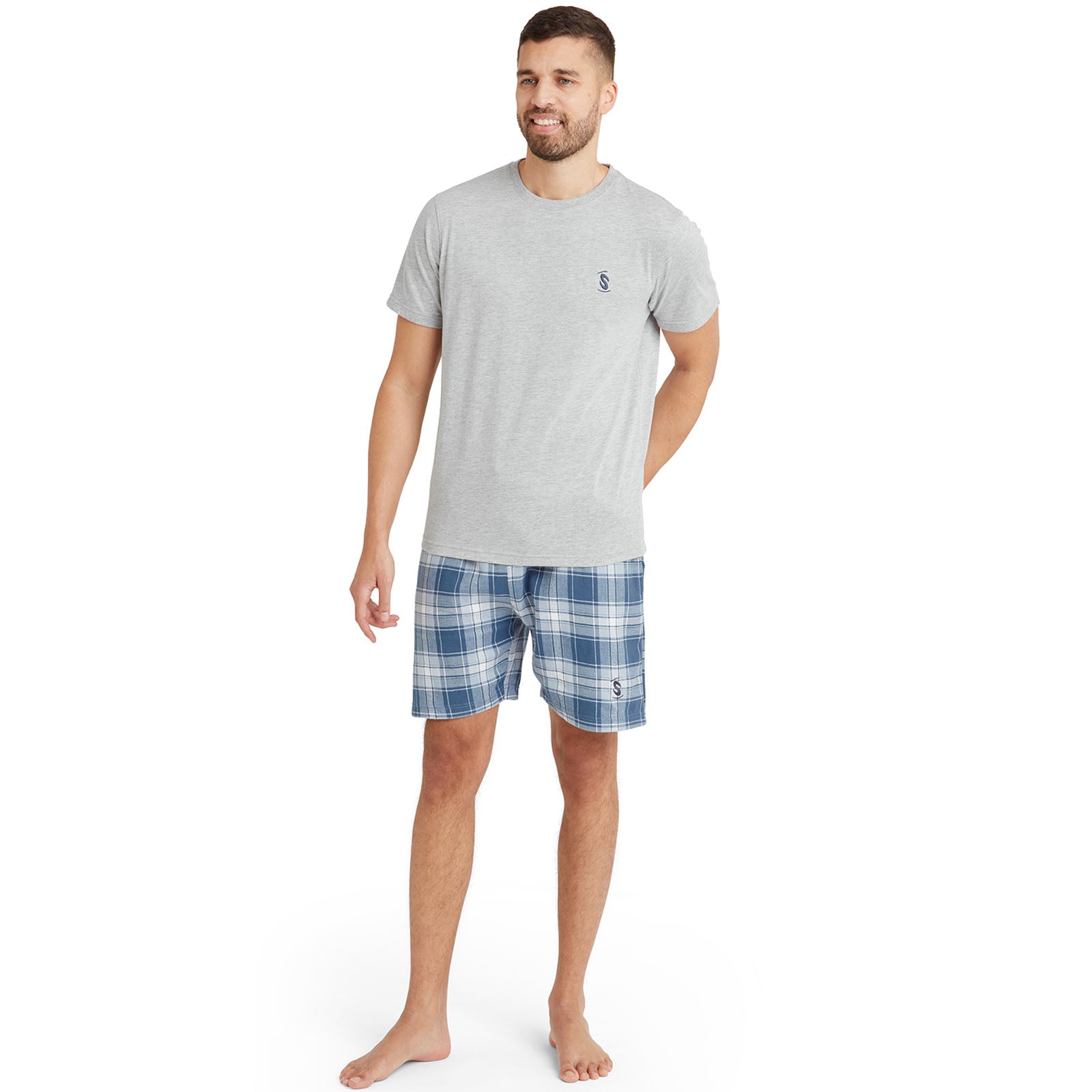 Snuggaroo Mens Short Sleeve Crew Neck T-Shirt Check Shorts PJs Pyjama Set