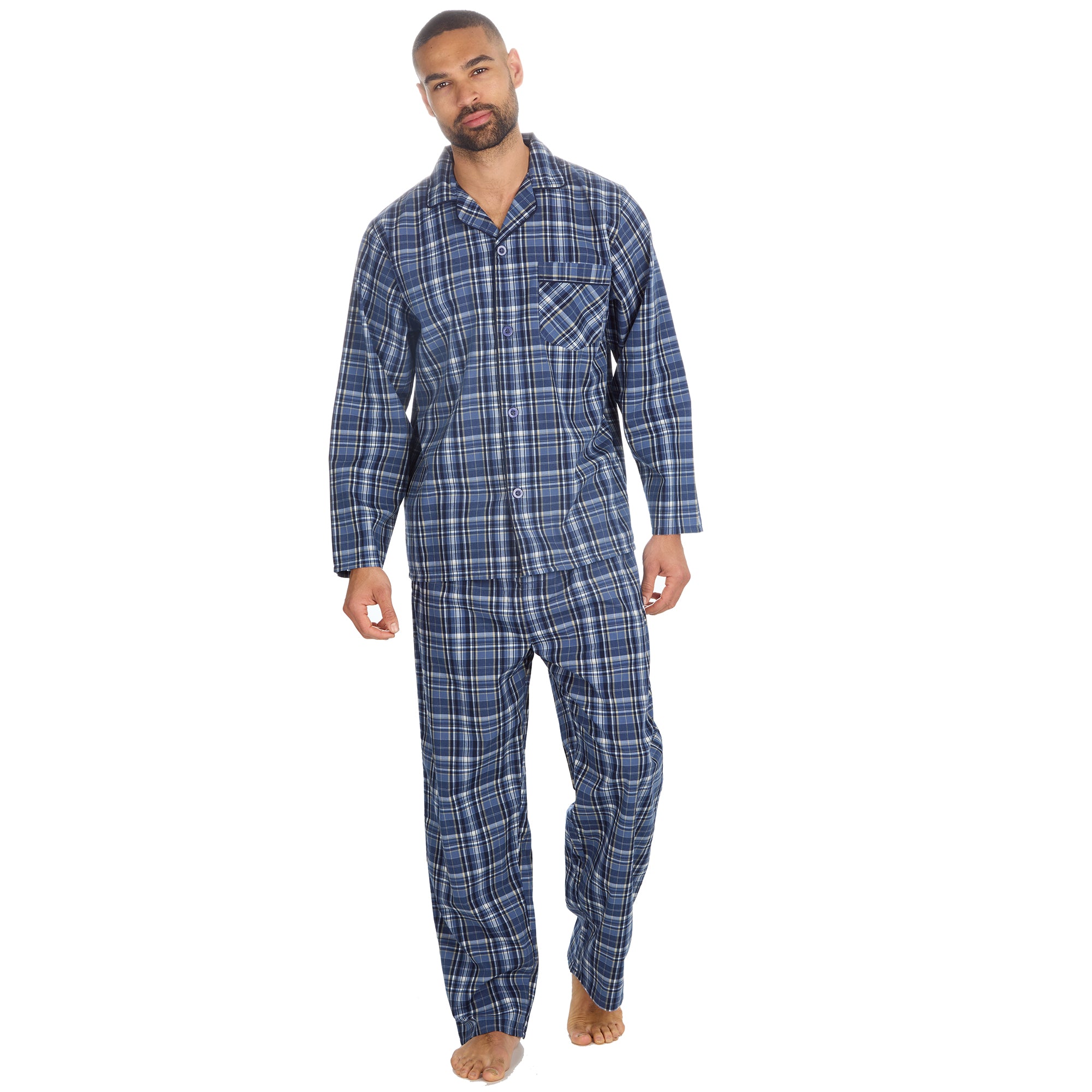 Mens 2-Piece Lounge Set Long Sleeved Shirt Long Pants Set Flannel PJs Loungewear