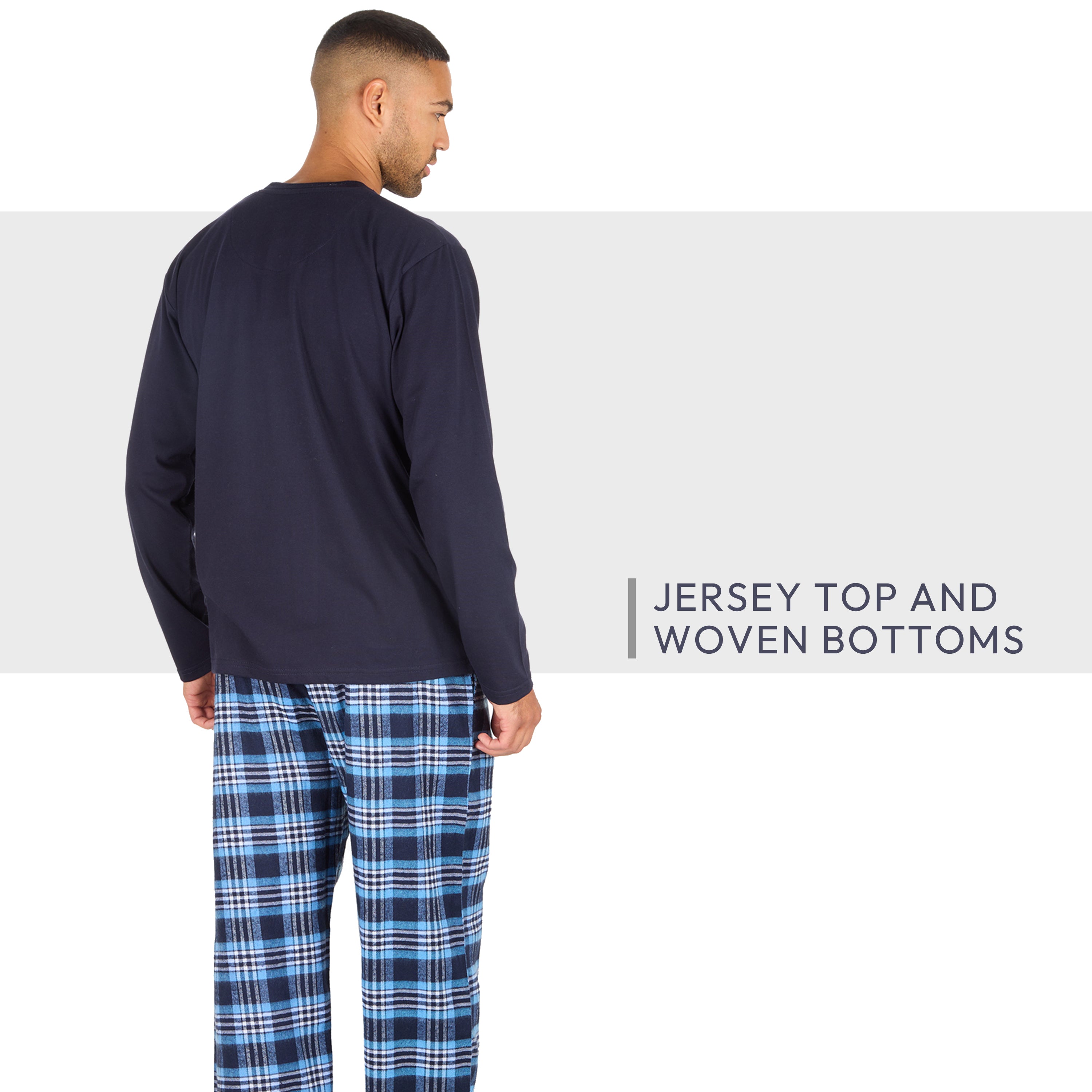 Mens Jersey Long Pyjama Set Cotton Checked Crew Neck Nightwear 2-Piece PJs M-XXL