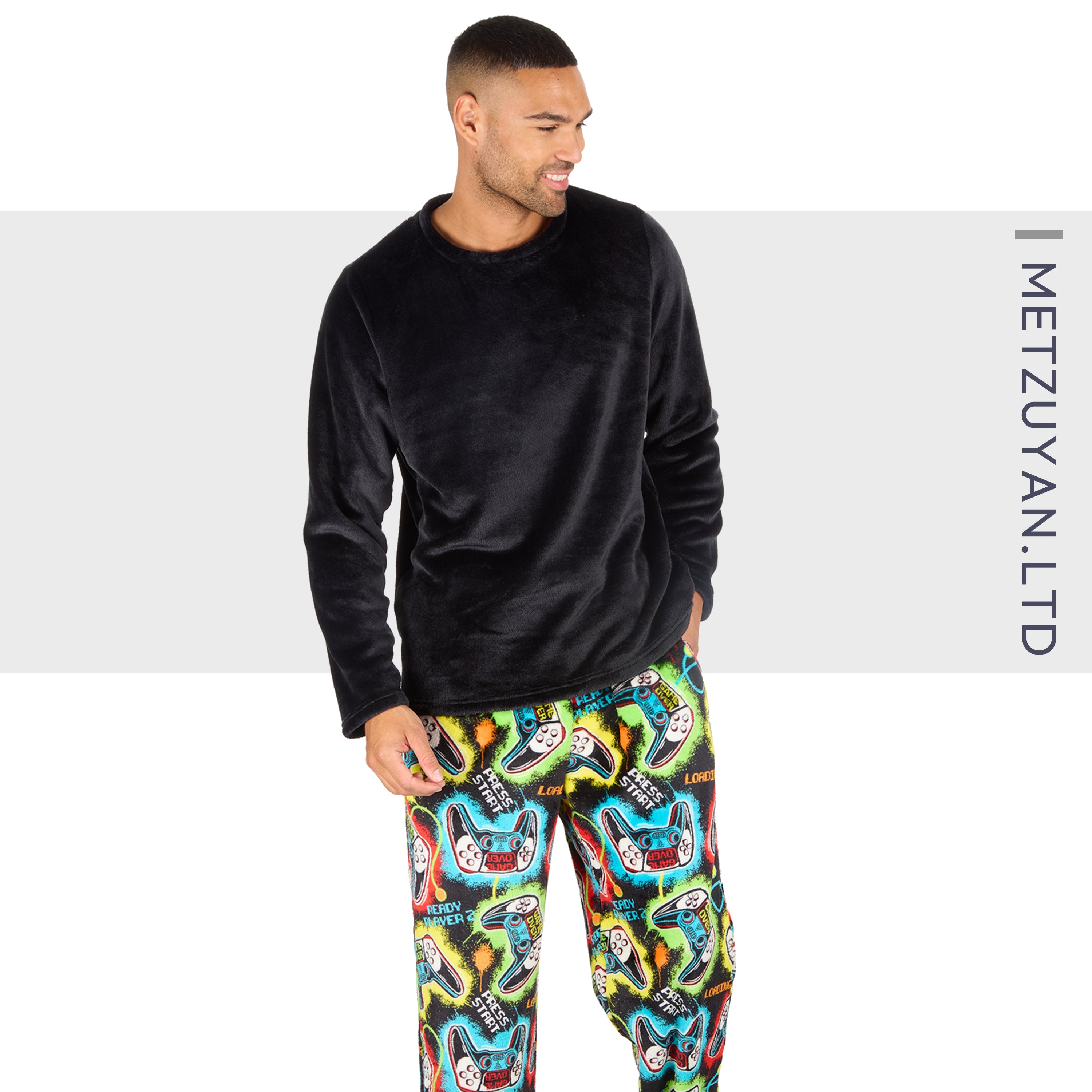 Mens Plush Fleece Lounge Set Gaming Pyjama Set Gamer Top and Bottoms PJ's S-XXL