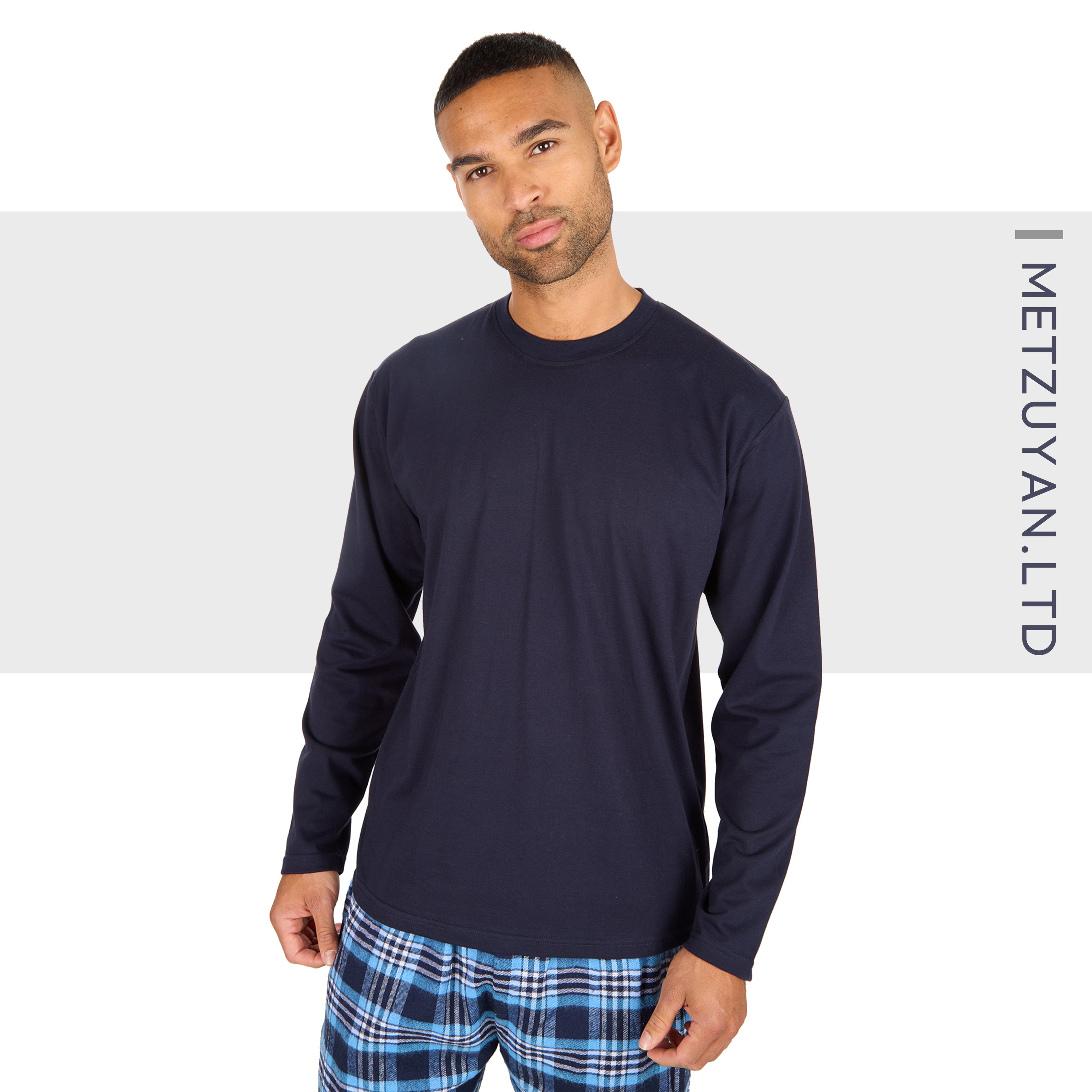 Mens Jersey Long Pyjama Set Cotton Checked Crew Neck Nightwear 2-Piece PJs M-XXL
