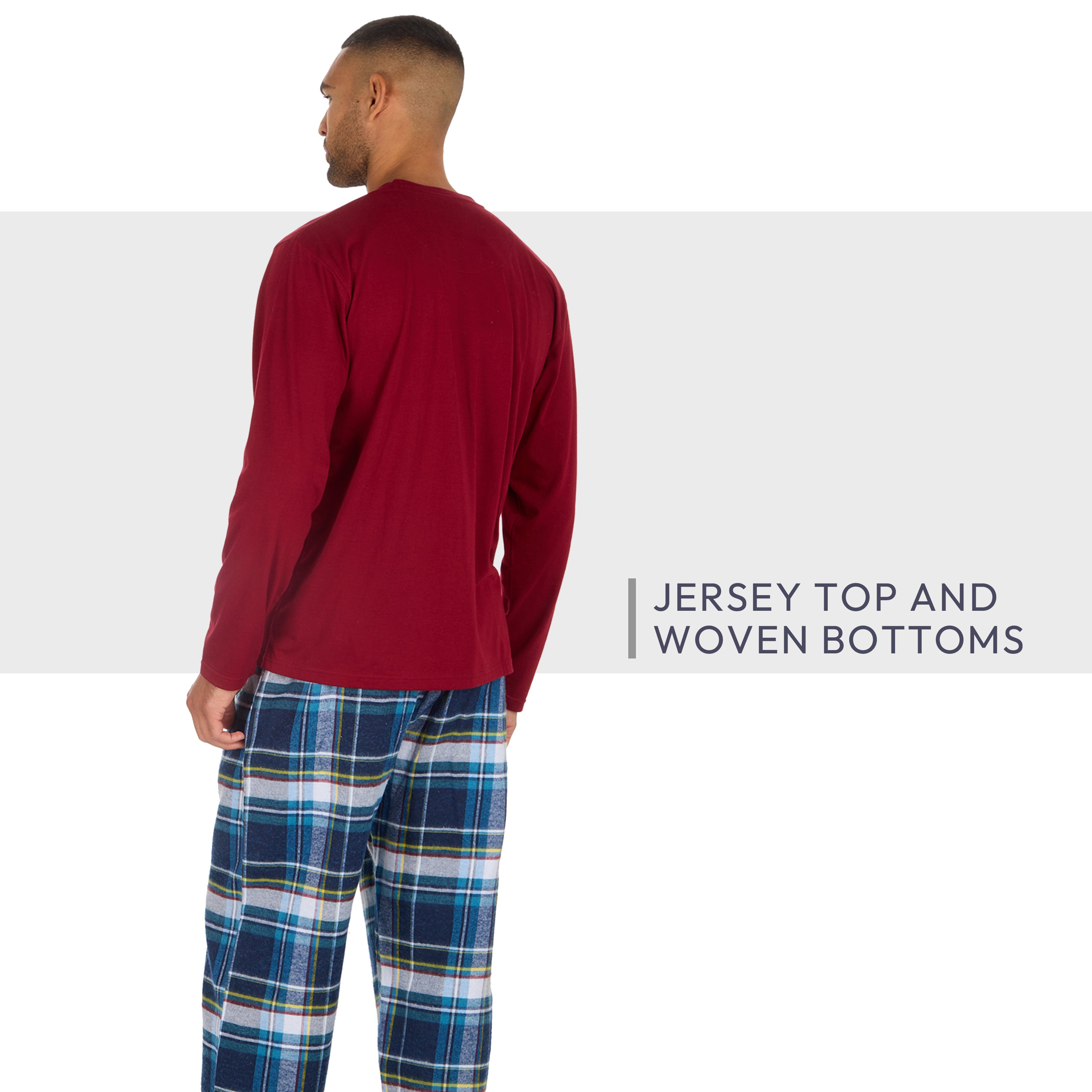 Mens Jersey Long Pyjama Set Cotton Checked Crew Neck Nightwear 2-Piece PJs M-XXL