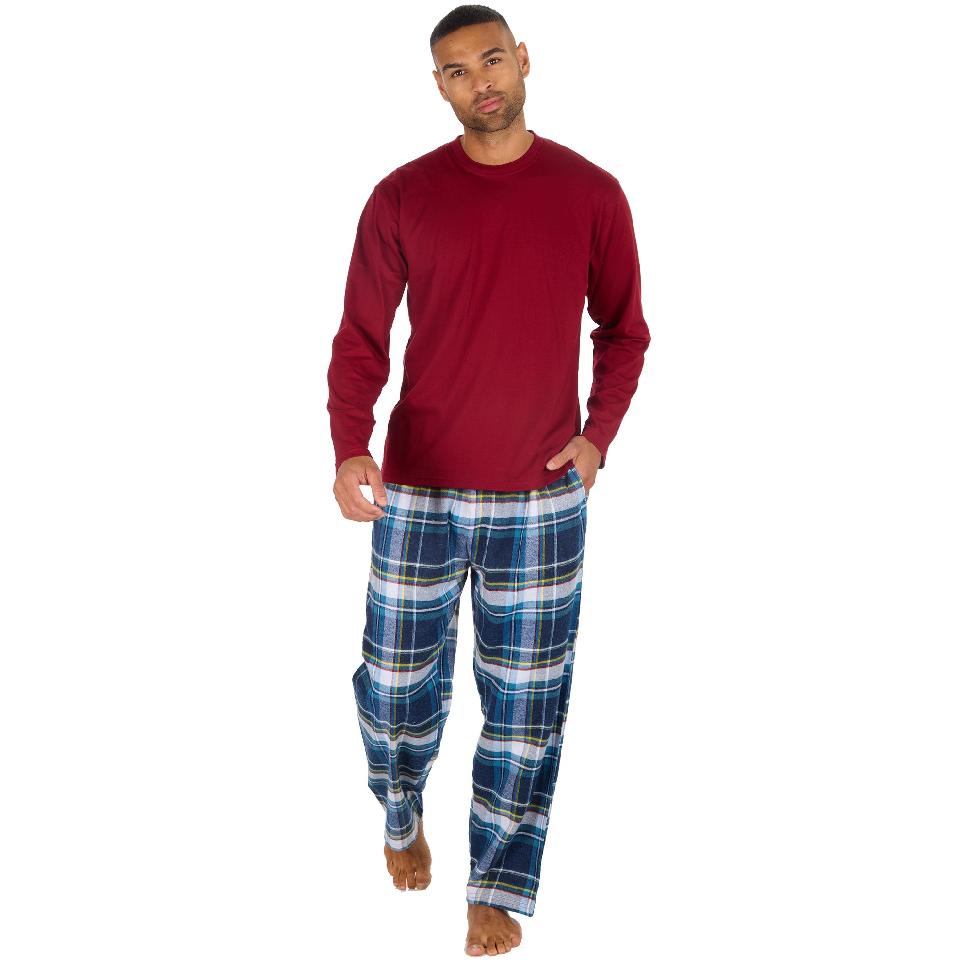 Mens Jersey Long Pyjama Set Cotton Checked Crew Neck Nightwear 2-Piece PJs M-XXL
